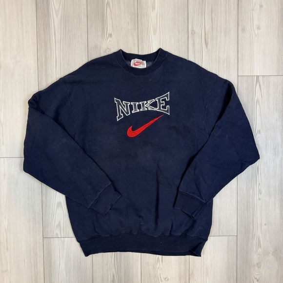 Nike Other - Vintage Nike Mens XXL Big Swoosh‎ Embroidered Spell Out Pullover Sweatshirt Navy